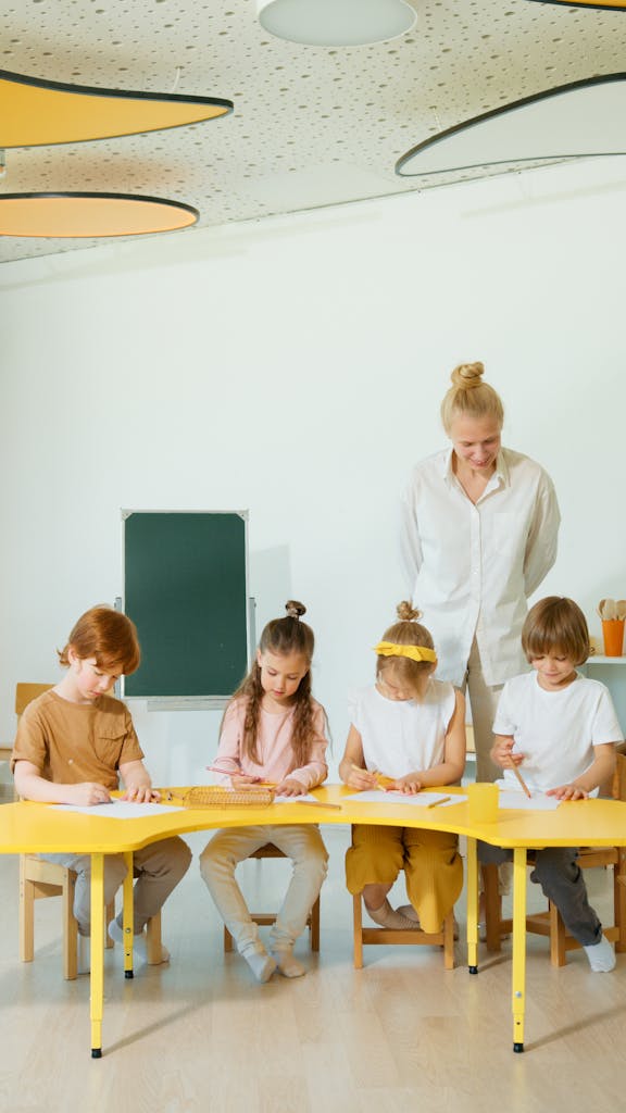 A group of children with a teacher engaging in educational activities at a school.